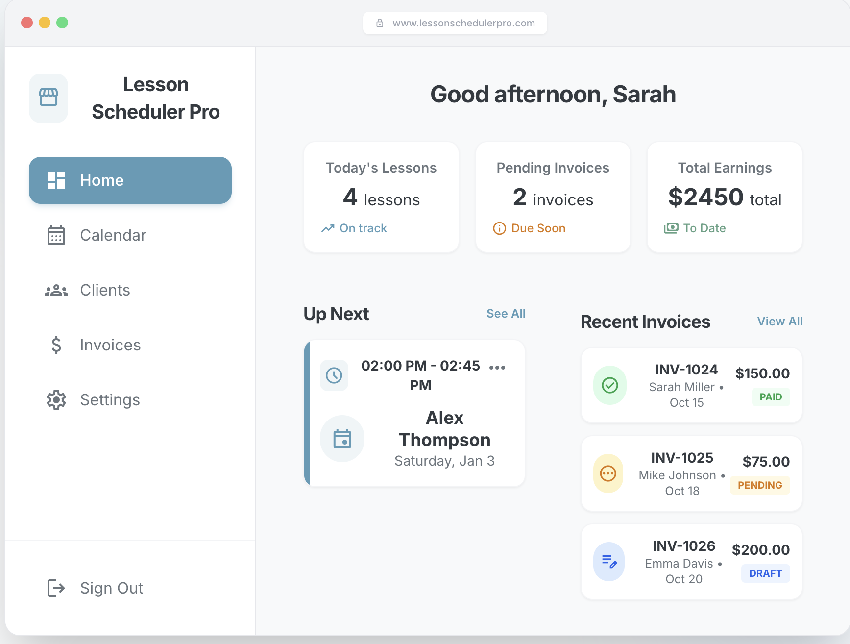 LessonSchedulerPro dashboard